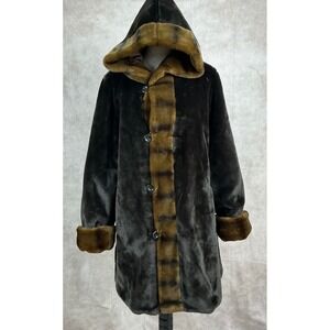 Dennis Basso Reversible Hooded Faux Fur & Nylon Trench Coat Women's Size L